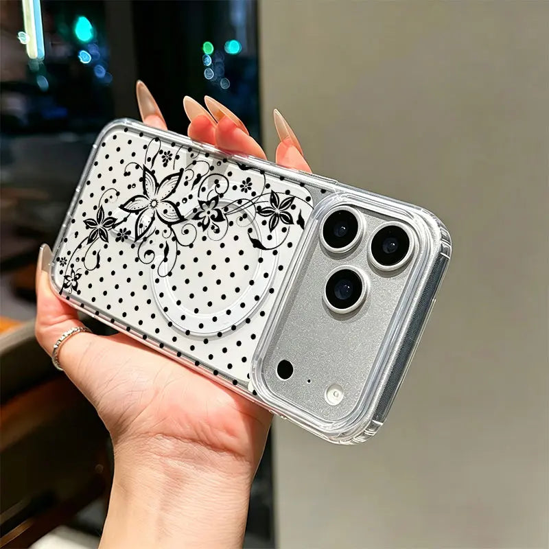 KKLLYY Acrylic Shockproof Phone Case Cover - Black White Polka Dot, Swirl Floral, Minimal, Curly Flower Vintage Style Casing Protector for Iphone 17,16,15,14,13,12,11 Pro Max, Classic Feminine Daily Gift