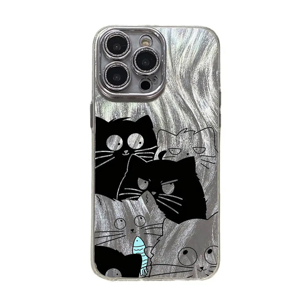 Adorable Black Cat Multi-Model Aesthetic Phone Case - Anti-Drop TPU, Holographic Shimmer Silver, Glitter Silver Foil, Shockproof, Snug Fit, Sleek Cute Protector for Iphone 17,16,15,14,13,12,11 Pro Max Plus, Back to School Cellphone Accessory