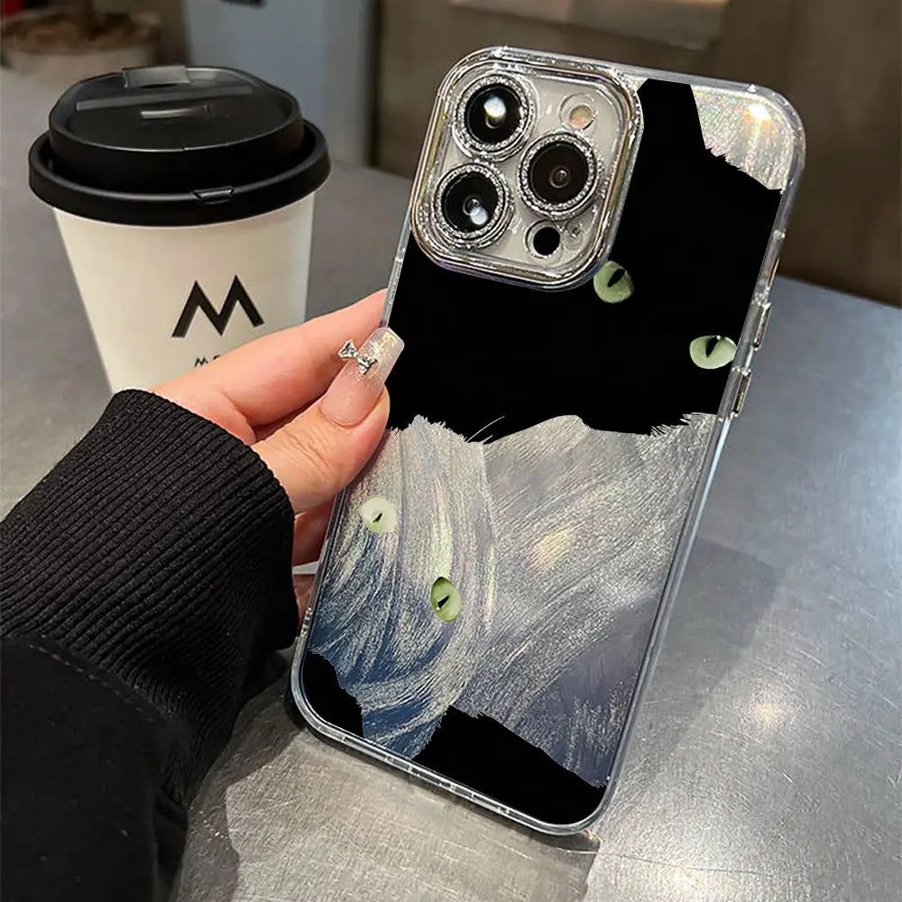 Adorable Black Cat Multi-Model Aesthetic Phone Case - Anti-Drop TPU, Holographic Shimmer Silver, Glitter Silver Foil, Shockproof, Snug Fit, Sleek Cute Protector for Iphone 17,16,15,14,13,12,11 Pro Max Plus, Back to School Cellphone Accessory