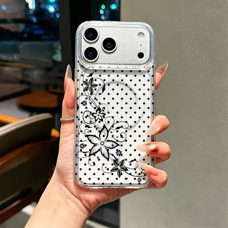 KKLLYY Acrylic Shockproof Phone Case Cover - Black White Polka Dot, Swirl Floral, Minimal, Curly Flower Vintage Style Casing Protector for Iphone 17,16,15,14,13,12,11 Pro Max, Classic Feminine Daily Gift