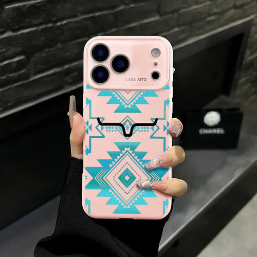Aesthetic Vintage Western Aztec Geometric Bull Head Pattern Protective Phone Case - Turquoise Southwest Tribal Print, Waterproof, Shockproof, Durable Cover for Iphone 17 Air,16 Pro Max,15,14 Plus,13,12 | Mobile Phone Accessories