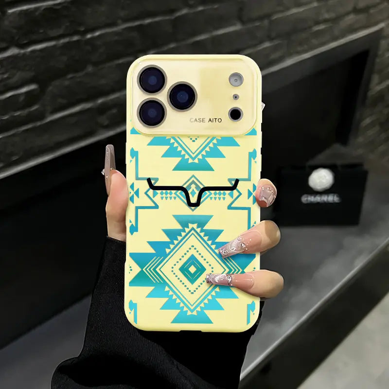 Aesthetic Vintage Western Aztec Geometric Bull Head Pattern Protective Phone Case - Turquoise Southwest Tribal Print, Waterproof, Shockproof, Durable Cover for Iphone 17 Air,16 Pro Max,15,14 Plus,13,12 | Mobile Phone Accessories