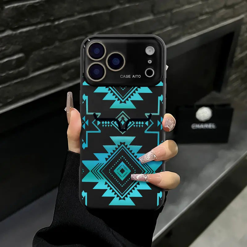 Aesthetic Vintage Western Aztec Geometric Bull Head Pattern Protective Phone Case - Turquoise Southwest Tribal Print, Waterproof, Shockproof, Durable Cover for Iphone 17 Air,16 Pro Max,15,14 Plus,13,12 | Mobile Phone Accessories
