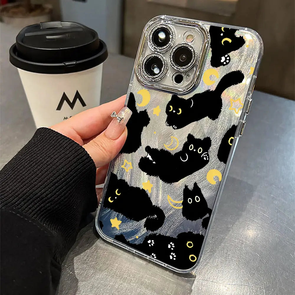 Adorable Black Cat Multi-Model Aesthetic Phone Case - Anti-Drop TPU, Holographic Shimmer Silver, Glitter Silver Foil, Shockproof, Snug Fit, Sleek Cute Protector for Iphone 17,16,15,14,13,12,11 Pro Max Plus, Back to School Cellphone Accessory