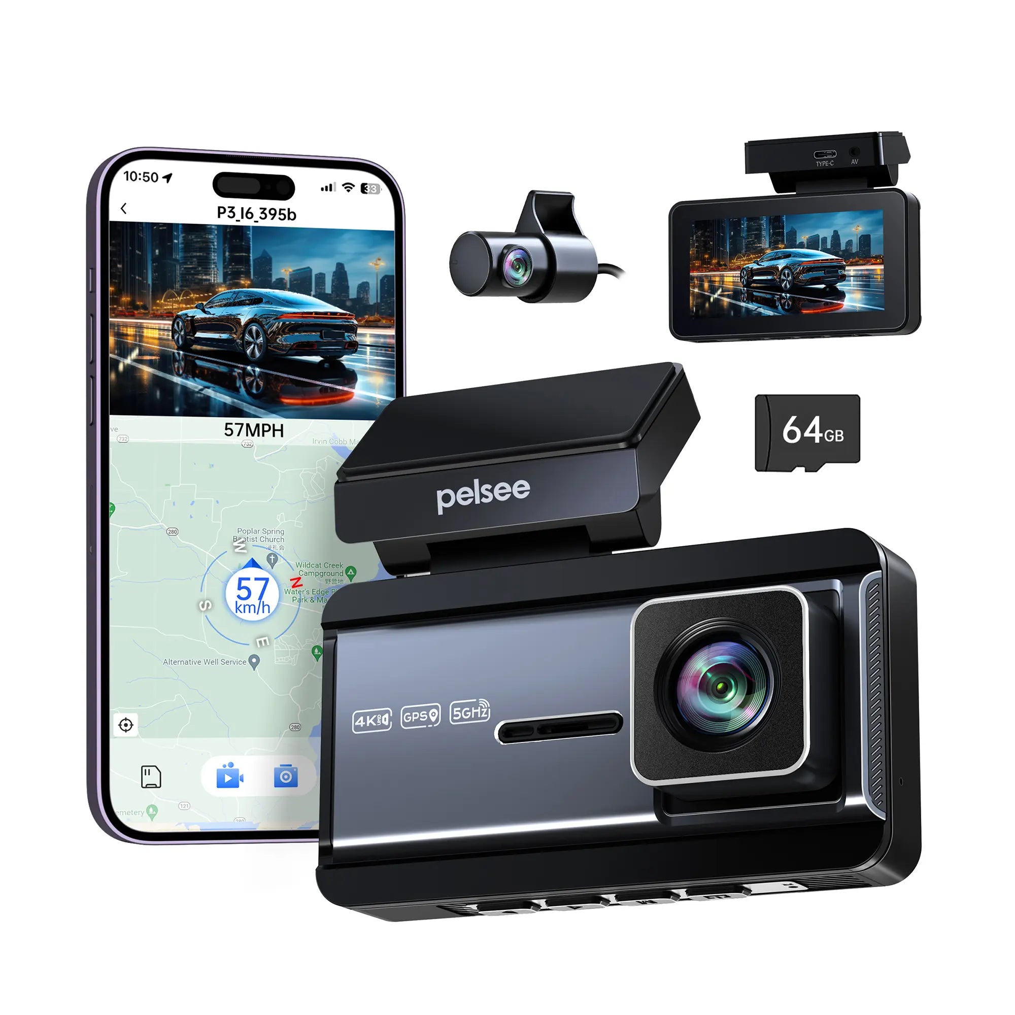 Pelsee P3 4K Dash Cam Front and Rear, 64GB SD Card, 4K+1080P Dual Dash Camera for Cars with Wi-Fi, GPS, ADAS, BSD, LCA, 3’’ IPS Display Car Camera, APP & Voice Control, Night Vision, 24H Parking Mode, Dashcam, Car Cameras