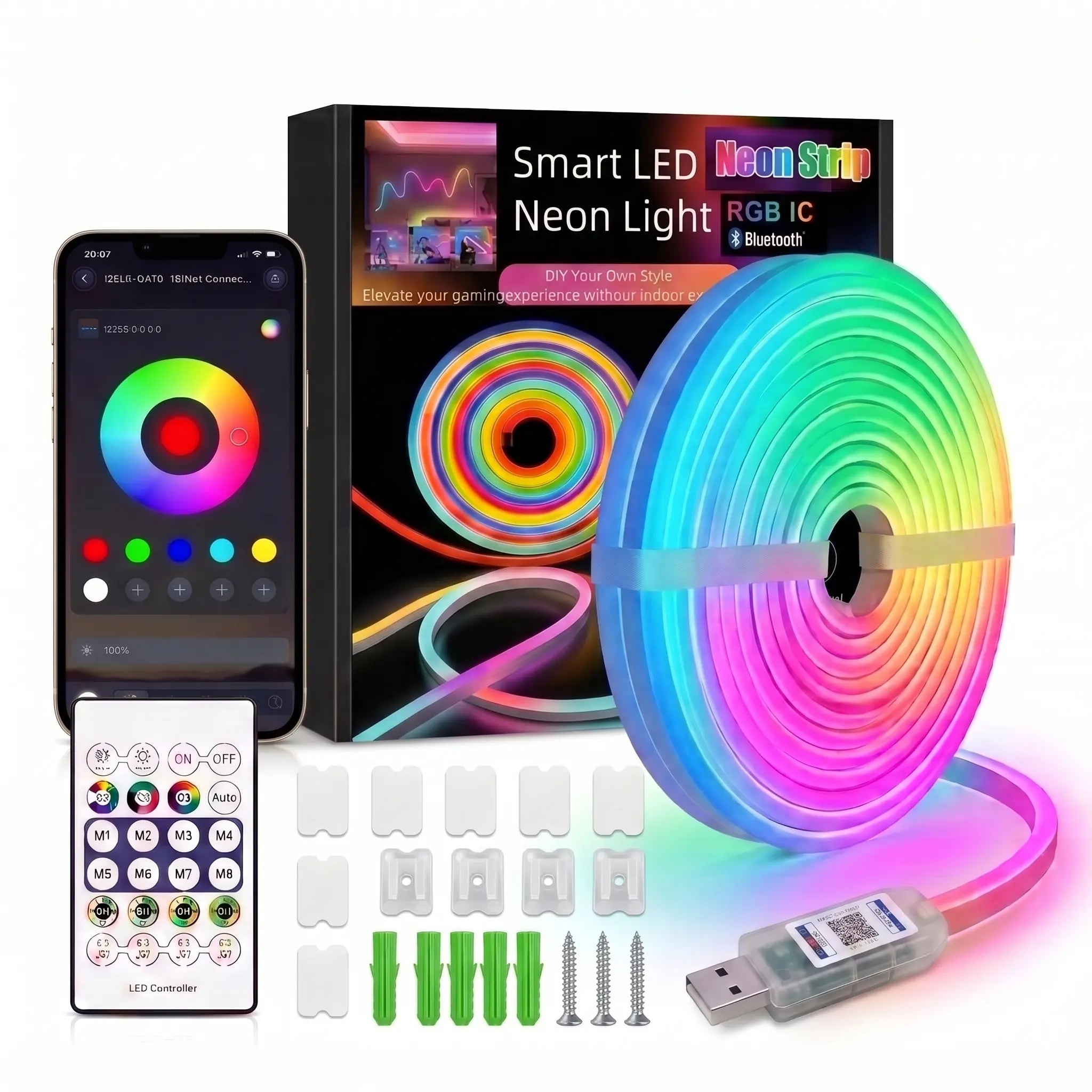 Upgraded RGBIC Smart Neon LED Light Strip (5M/10M), Bluetooth APP & Remote Controlled Color Changing Mood Lights with Music Sync, Self-Adhesive USB Powered, for Room Decor, Cool Room Decor, Gaming Setup Accessories, Man Cave Gadgets
