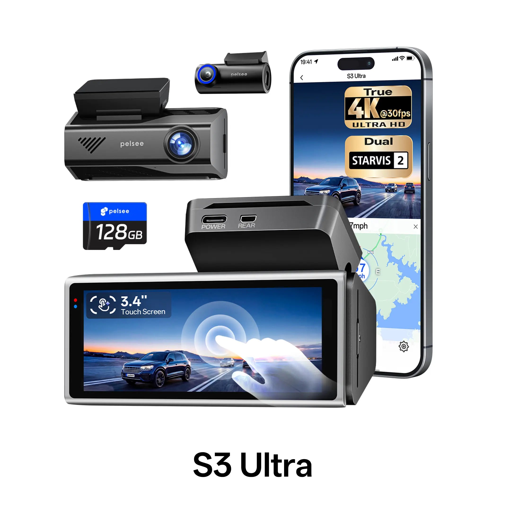 Pelsee P3 4K Dash Cam Front and Rear, 64GB SD Card, 4K+1080P Dual Dash Camera for Cars with Wi-Fi, GPS, ADAS, BSD, LCA, 3’’ IPS Display Car Camera, APP & Voice Control, Night Vision, 24H Parking Mode, Dashcam, Car Cameras