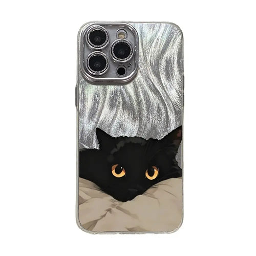 Adorable Black Cat Multi-Model Aesthetic Phone Case - Anti-Drop TPU, Holographic Shimmer Silver, Glitter Silver Foil, Shockproof, Snug Fit, Sleek Cute Protector for Iphone 17,16,15,14,13,12,11 Pro Max Plus, Back to School Cellphone Accessory