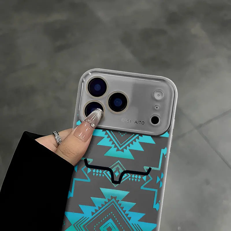 Aesthetic Vintage Western Aztec Geometric Bull Head Pattern Protective Phone Case - Turquoise Southwest Tribal Print, Waterproof, Shockproof, Durable Cover for Iphone 17 Air,16 Pro Max,15,14 Plus,13,12 | Mobile Phone Accessories