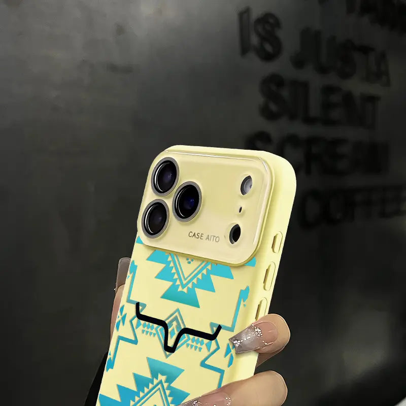Aesthetic Vintage Western Aztec Geometric Bull Head Pattern Protective Phone Case - Turquoise Southwest Tribal Print, Waterproof, Shockproof, Durable Cover for Iphone 17 Air,16 Pro Max,15,14 Plus,13,12 | Mobile Phone Accessories