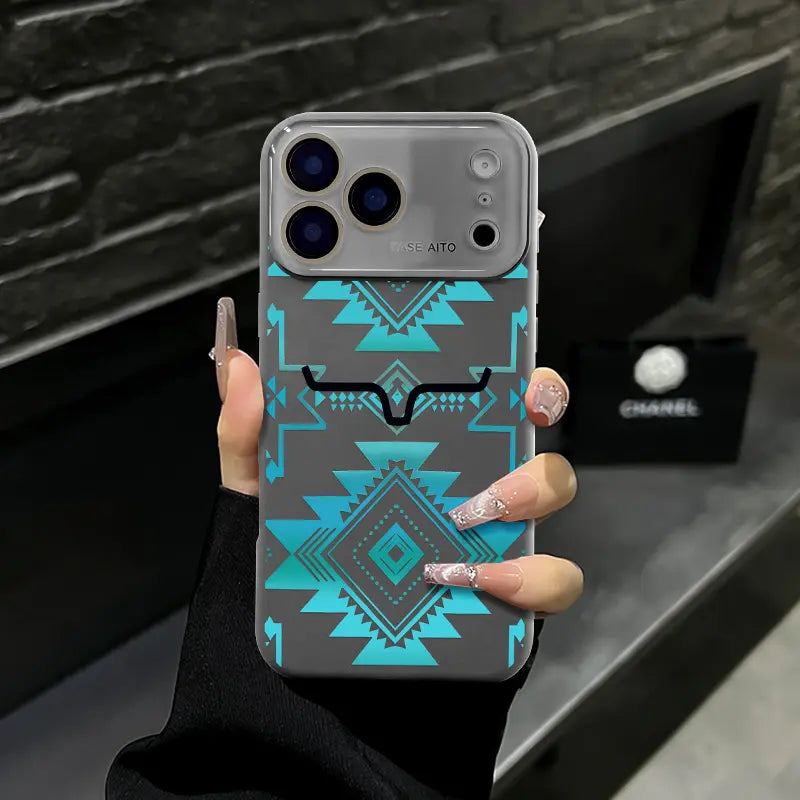 Aesthetic Vintage Western Aztec Geometric Bull Head Pattern Protective Phone Case - Turquoise Southwest Tribal Print, Waterproof, Shockproof, Durable Cover for Iphone 17 Air,16 Pro Max,15,14 Plus,13,12 | Mobile Phone Accessories