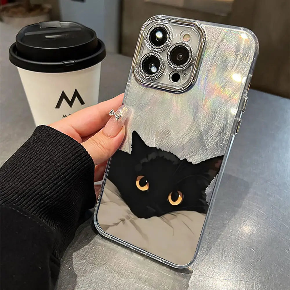 Adorable Black Cat Multi-Model Aesthetic Phone Case - Anti-Drop TPU, Holographic Shimmer Silver, Glitter Silver Foil, Shockproof, Snug Fit, Sleek Cute Protector for Iphone 17,16,15,14,13,12,11 Pro Max Plus, Back to School Cellphone Accessory