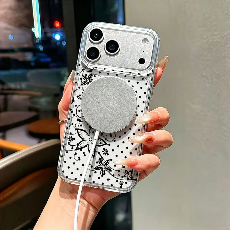 KKLLYY Acrylic Shockproof Phone Case Cover - Black White Polka Dot, Swirl Floral, Minimal, Curly Flower Vintage Style Casing Protector for Iphone 17,16,15,14,13,12,11 Pro Max, Classic Feminine Daily Gift
