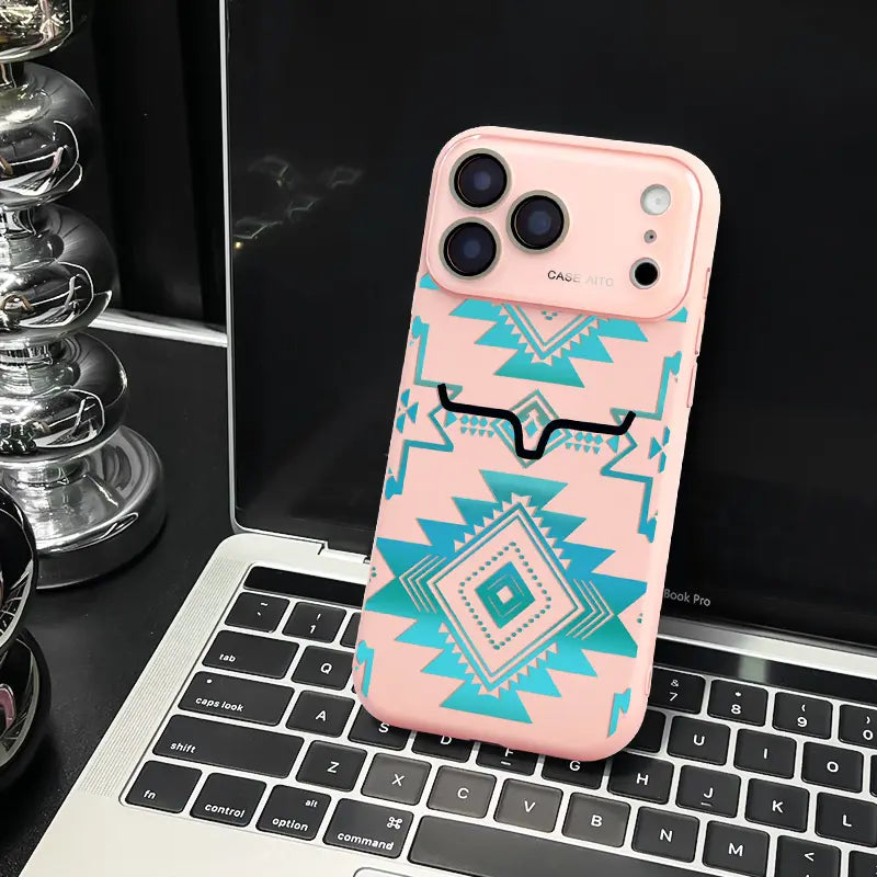 Aesthetic Vintage Western Aztec Geometric Bull Head Pattern Protective Phone Case - Turquoise Southwest Tribal Print, Waterproof, Shockproof, Durable Cover for Iphone 17 Air,16 Pro Max,15,14 Plus,13,12 | Mobile Phone Accessories