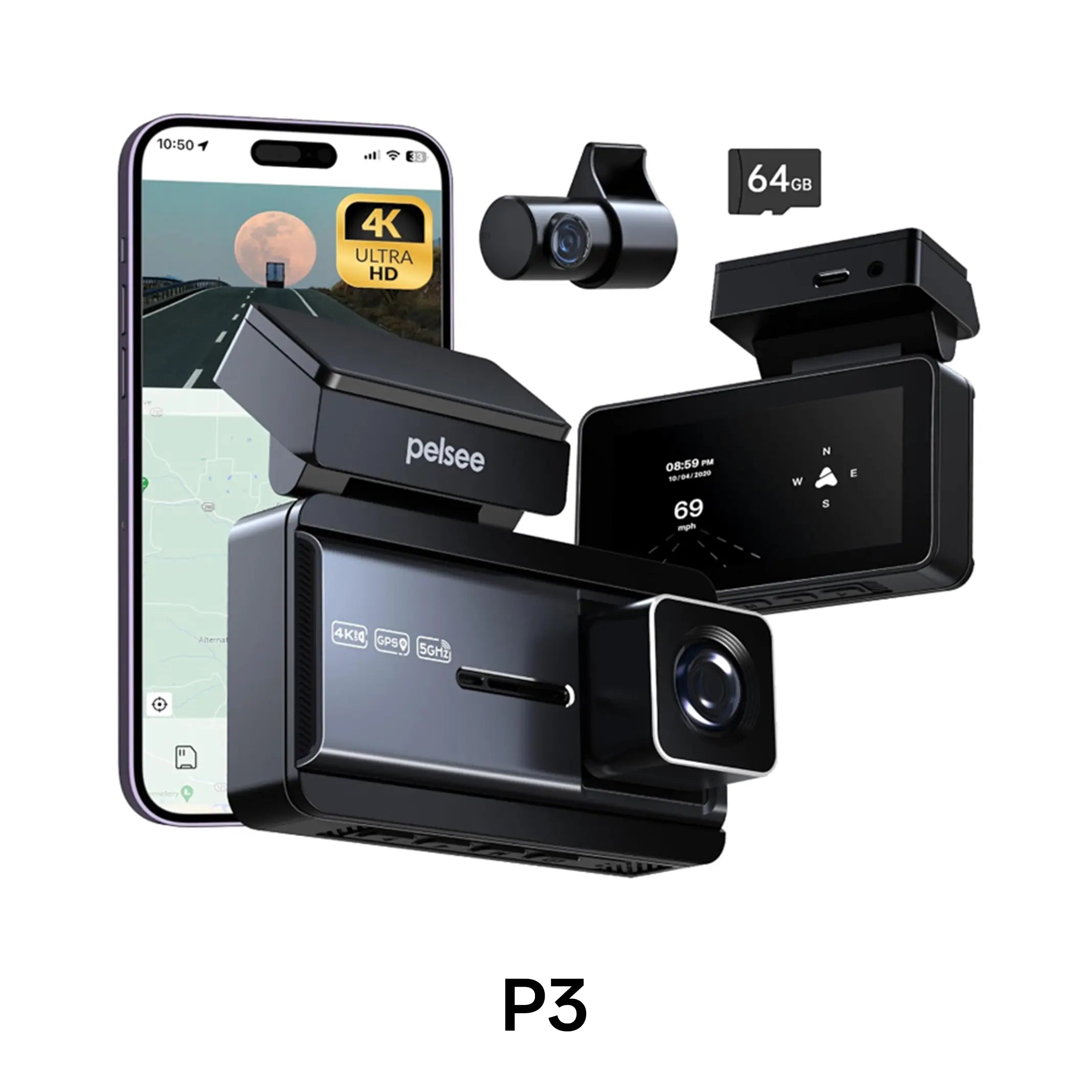 Pelsee P3 4K Dash Cam Front and Rear, 64GB SD Card, 4K+1080P Dual Dash Camera for Cars with Wi-Fi, GPS, ADAS, BSD, LCA, 3’’ IPS Display Car Camera, APP & Voice Control, Night Vision, 24H Parking Mode, Dashcam, Car Cameras