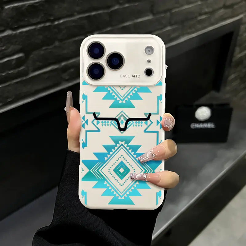 Aesthetic Vintage Western Aztec Geometric Bull Head Pattern Protective Phone Case - Turquoise Southwest Tribal Print, Waterproof, Shockproof, Durable Cover for Iphone 17 Air,16 Pro Max,15,14 Plus,13,12 | Mobile Phone Accessories