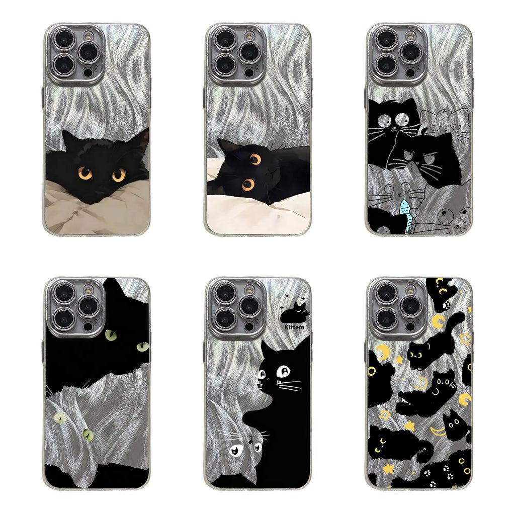 Adorable Black Cat Multi-Model Aesthetic Phone Case - Anti-Drop TPU, Holographic Shimmer Silver, Glitter Silver Foil, Shockproof, Snug Fit, Sleek Cute Protector for Iphone 17,16,15,14,13,12,11 Pro Max Plus, Back to School Cellphone Accessory