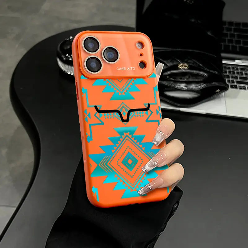 Aesthetic Vintage Western Aztec Geometric Bull Head Pattern Protective Phone Case - Turquoise Southwest Tribal Print, Waterproof, Shockproof, Durable Cover for Iphone 17 Air,16 Pro Max,15,14 Plus,13,12 | Mobile Phone Accessories