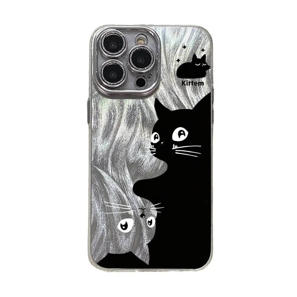 Adorable Black Cat Multi-Model Aesthetic Phone Case - Anti-Drop TPU, Holographic Shimmer Silver, Glitter Silver Foil, Shockproof, Snug Fit, Sleek Cute Protector for Iphone 17,16,15,14,13,12,11 Pro Max Plus, Back to School Cellphone Accessory
