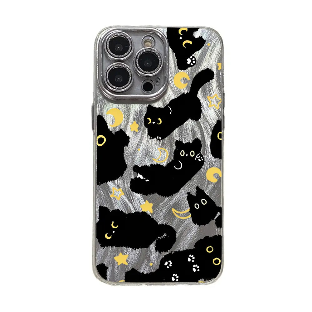 Adorable Black Cat Multi-Model Aesthetic Phone Case - Anti-Drop TPU, Holographic Shimmer Silver, Glitter Silver Foil, Shockproof, Snug Fit, Sleek Cute Protector for Iphone 17,16,15,14,13,12,11 Pro Max Plus, Back to School Cellphone Accessory