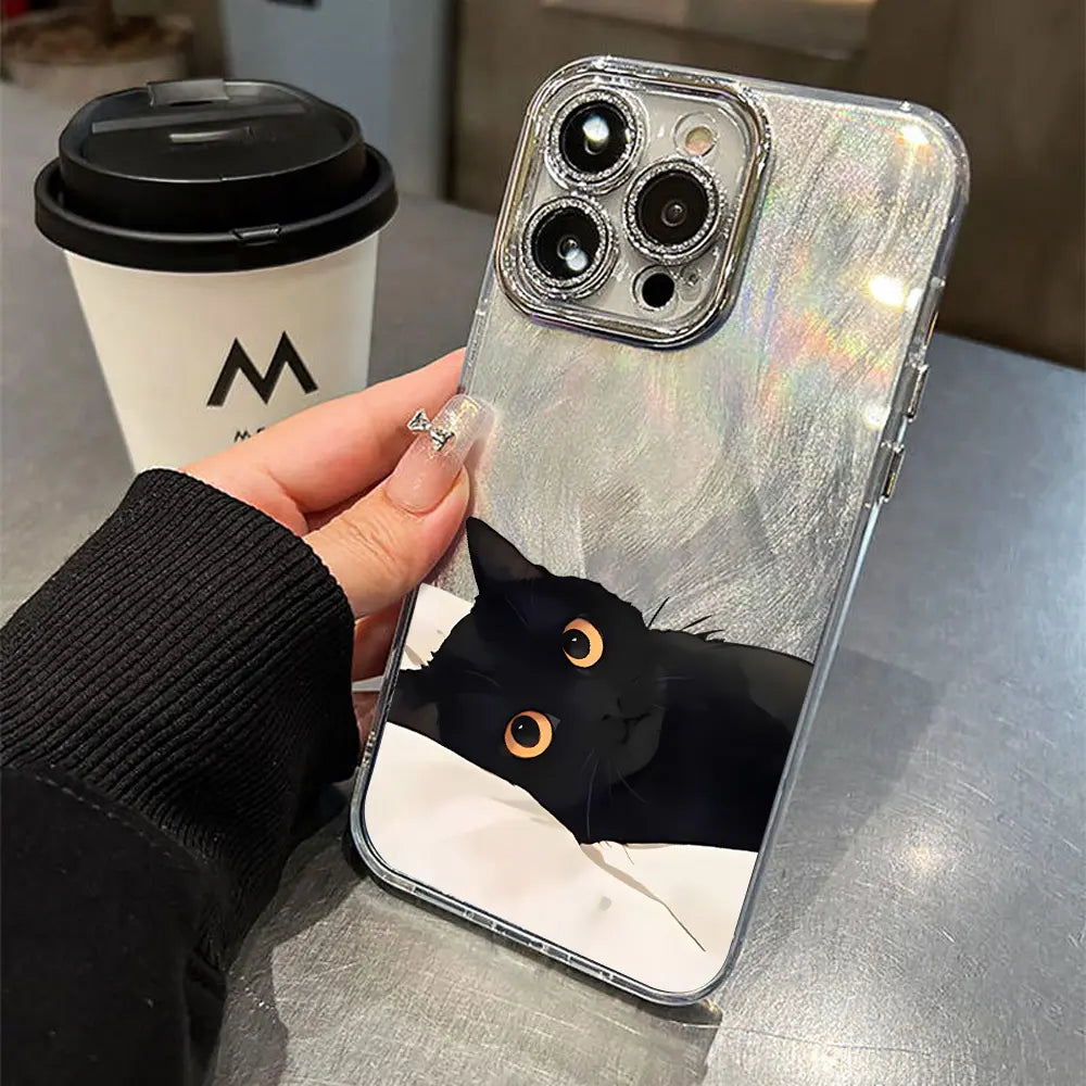Adorable Black Cat Multi-Model Aesthetic Phone Case - Anti-Drop TPU, Holographic Shimmer Silver, Glitter Silver Foil, Shockproof, Snug Fit, Sleek Cute Protector for Iphone 17,16,15,14,13,12,11 Pro Max Plus, Back to School Cellphone Accessory