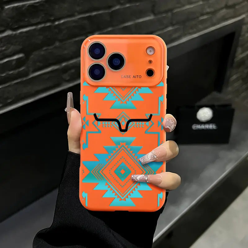 Aesthetic Vintage Western Aztec Geometric Bull Head Pattern Protective Phone Case - Turquoise Southwest Tribal Print, Waterproof, Shockproof, Durable Cover for Iphone 17 Air,16 Pro Max,15,14 Plus,13,12 | Mobile Phone Accessories