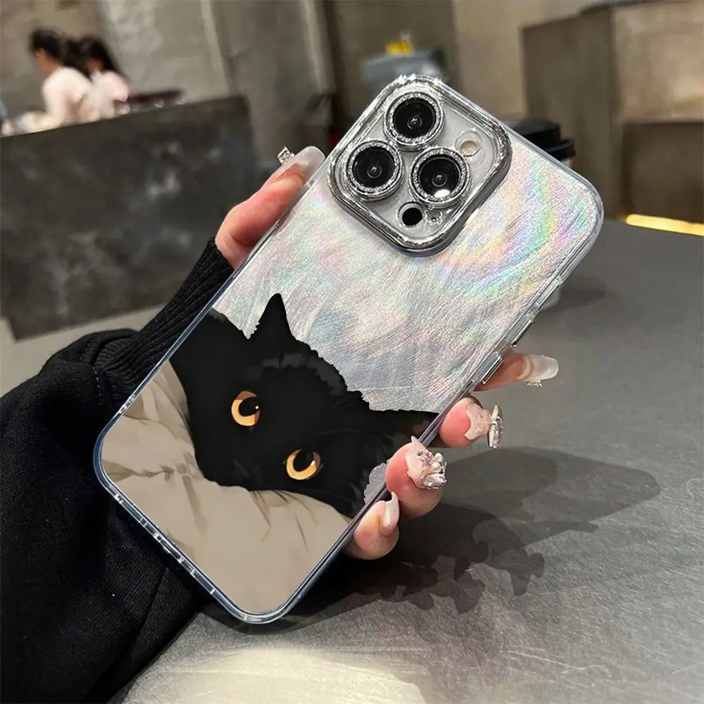 Adorable Black Cat Multi-Model Aesthetic Phone Case - Anti-Drop TPU, Holographic Shimmer Silver, Glitter Silver Foil, Shockproof, Snug Fit, Sleek Cute Protector for Iphone 17,16,15,14,13,12,11 Pro Max Plus, Back to School Cellphone Accessory