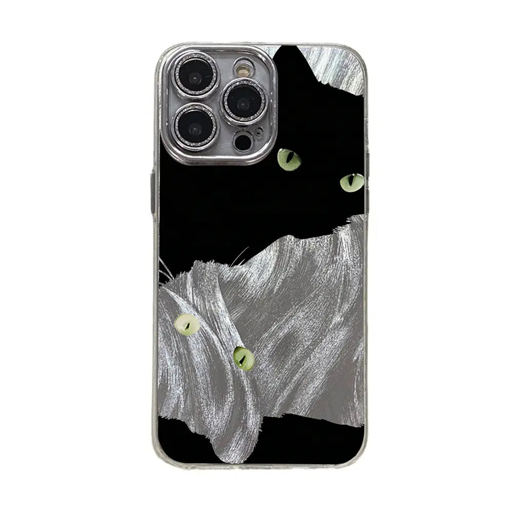 Adorable Black Cat Multi-Model Aesthetic Phone Case - Anti-Drop TPU, Holographic Shimmer Silver, Glitter Silver Foil, Shockproof, Snug Fit, Sleek Cute Protector for Iphone 17,16,15,14,13,12,11 Pro Max Plus, Back to School Cellphone Accessory