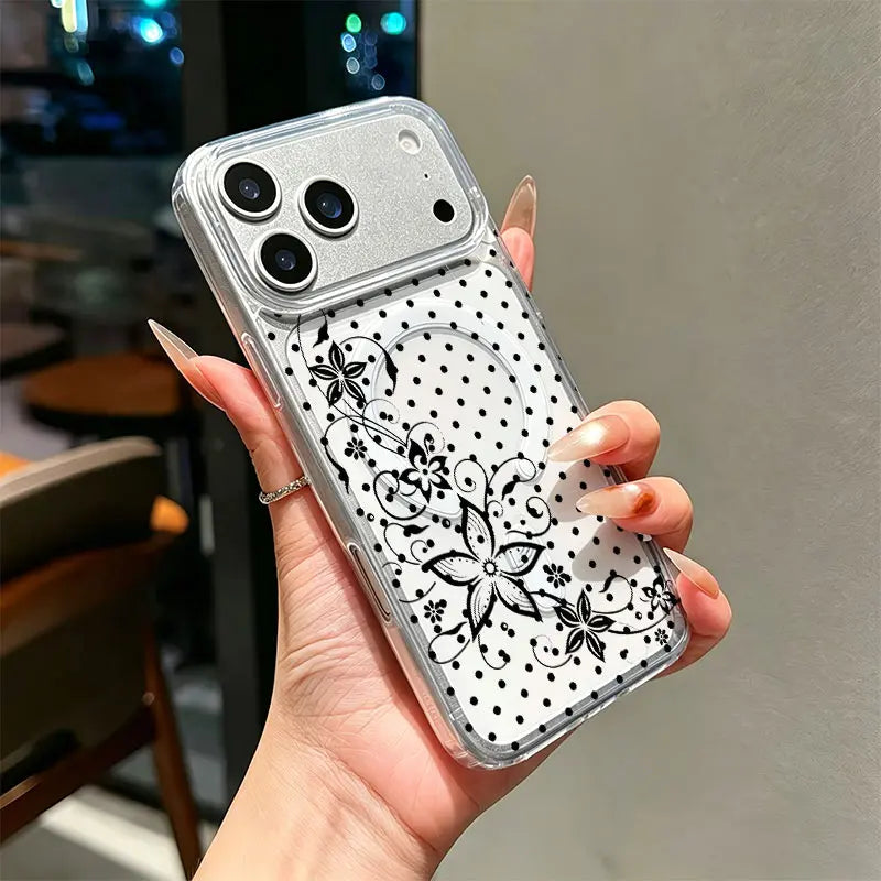 KKLLYY Acrylic Shockproof Phone Case Cover - Black White Polka Dot, Swirl Floral, Minimal, Curly Flower Vintage Style Casing Protector for Iphone 17,16,15,14,13,12,11 Pro Max, Classic Feminine Daily Gift