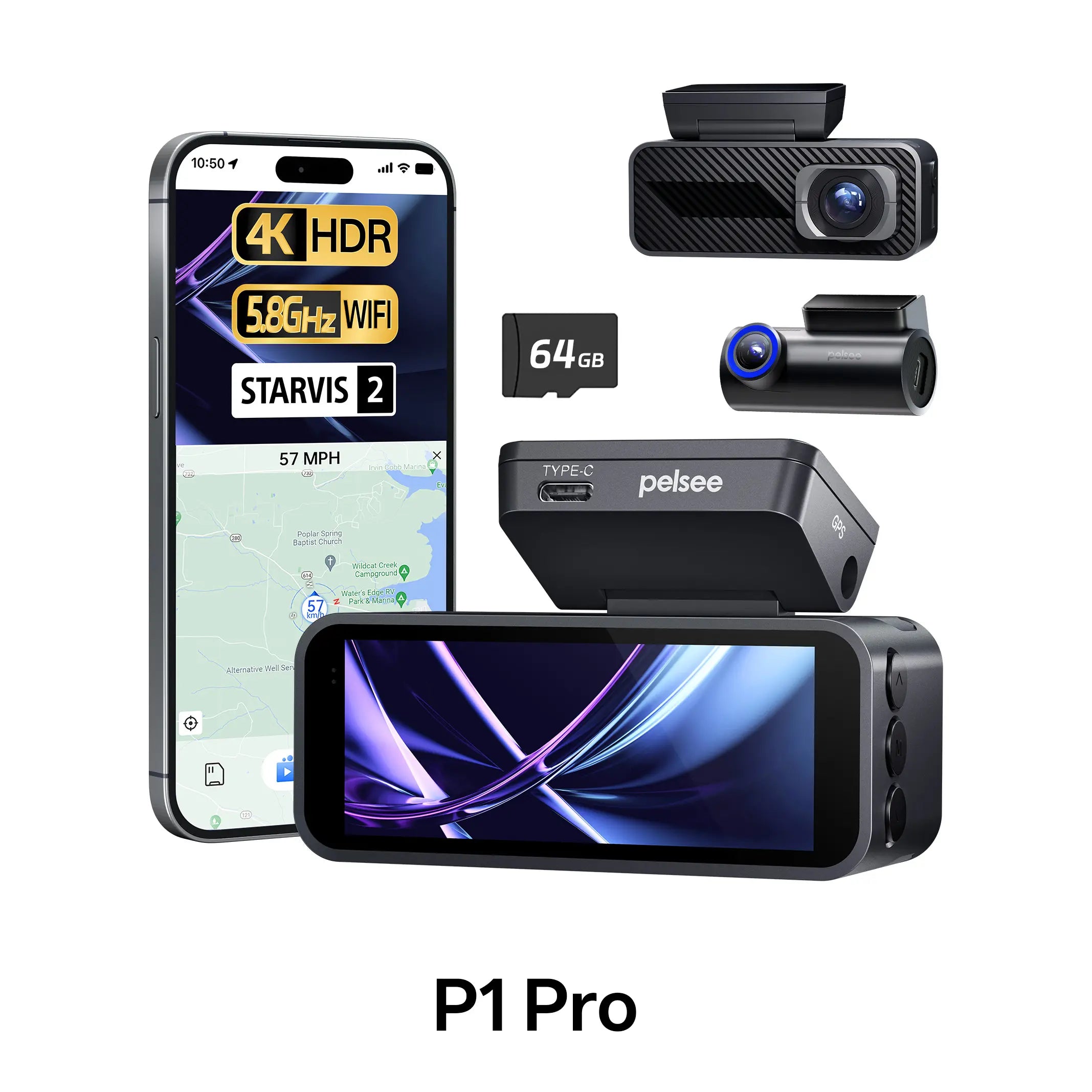 Pelsee P3 4K Dash Cam Front and Rear, 64GB SD Card, 4K+1080P Dual Dash Camera for Cars with Wi-Fi, GPS, ADAS, BSD, LCA, 3’’ IPS Display Car Camera, APP & Voice Control, Night Vision, 24H Parking Mode, Dashcam, Car Cameras