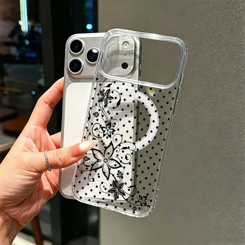 KKLLYY Acrylic Shockproof Phone Case Cover - Black White Polka Dot, Swirl Floral, Minimal, Curly Flower Vintage Style Casing Protector for Iphone 17,16,15,14,13,12,11 Pro Max, Classic Feminine Daily Gift