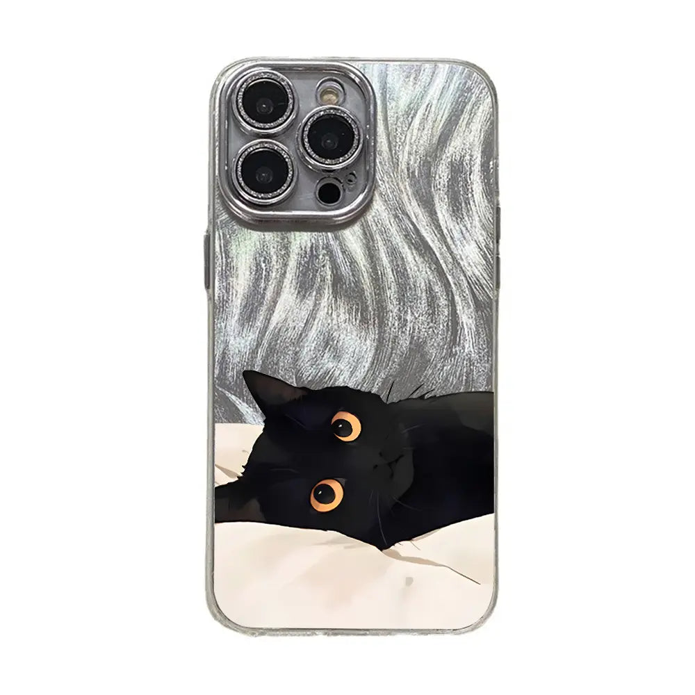 Adorable Black Cat Multi-Model Aesthetic Phone Case - Anti-Drop TPU, Holographic Shimmer Silver, Glitter Silver Foil, Shockproof, Snug Fit, Sleek Cute Protector for Iphone 17,16,15,14,13,12,11 Pro Max Plus, Back to School Cellphone Accessory