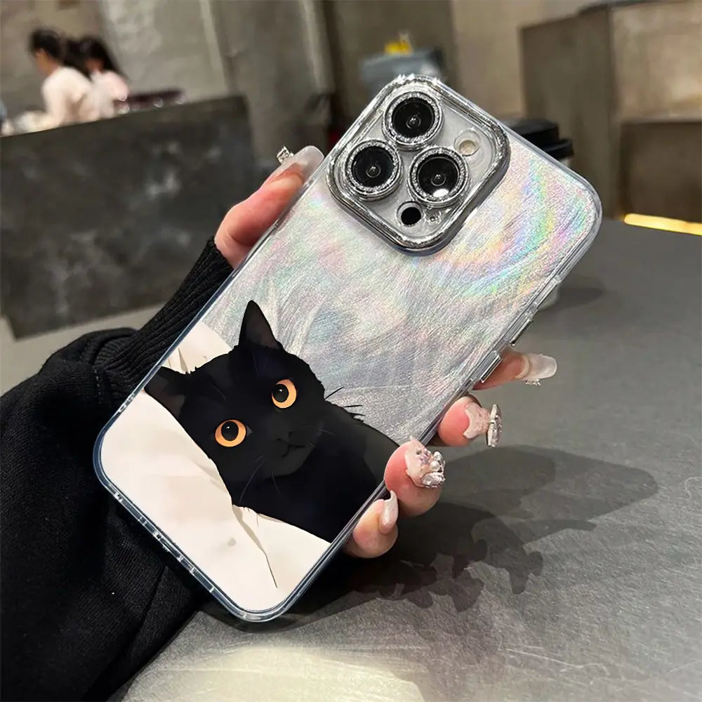 Adorable Black Cat Multi-Model Aesthetic Phone Case - Anti-Drop TPU, Holographic Shimmer Silver, Glitter Silver Foil, Shockproof, Snug Fit, Sleek Cute Protector for Iphone 17,16,15,14,13,12,11 Pro Max Plus, Back to School Cellphone Accessory