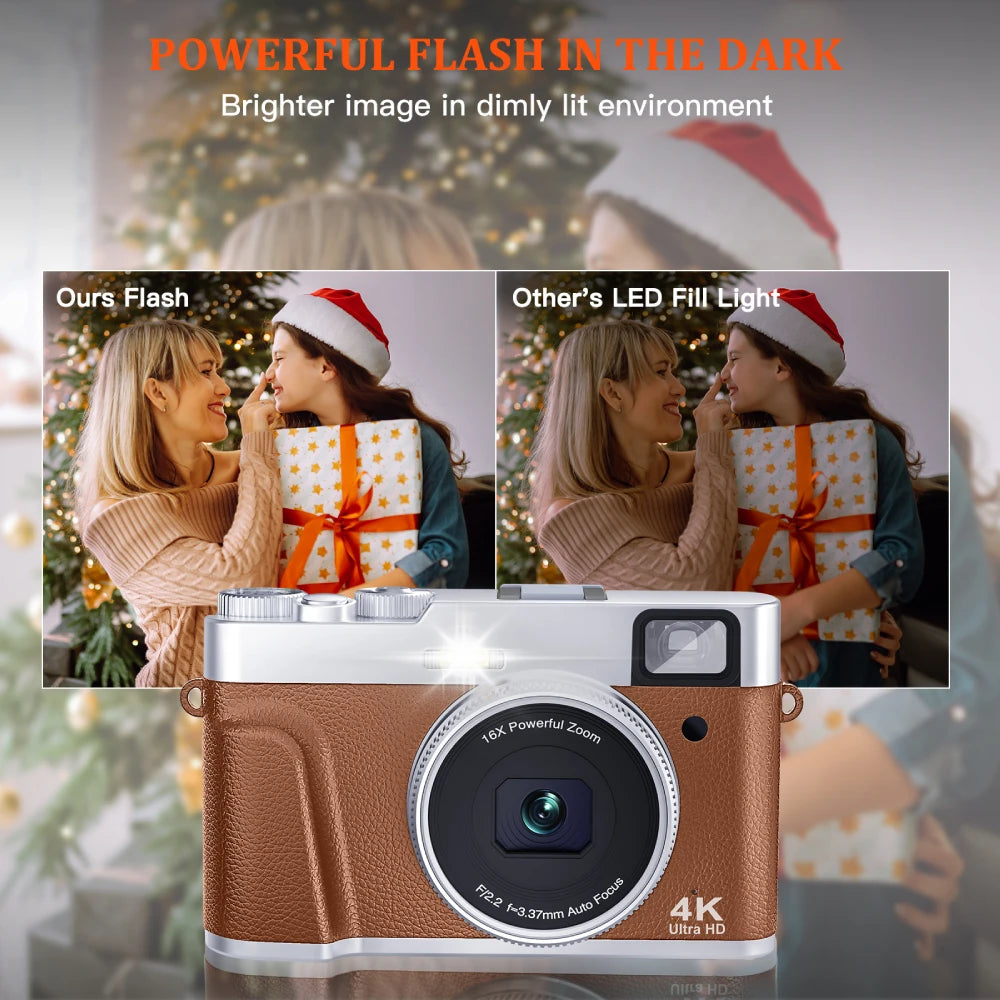 4K Digital Camera Auto Focus 48MP Vlogging Camera for Youtube and Anti-Shake Video Camera with Viewfinder Flash & Dial (Brown)