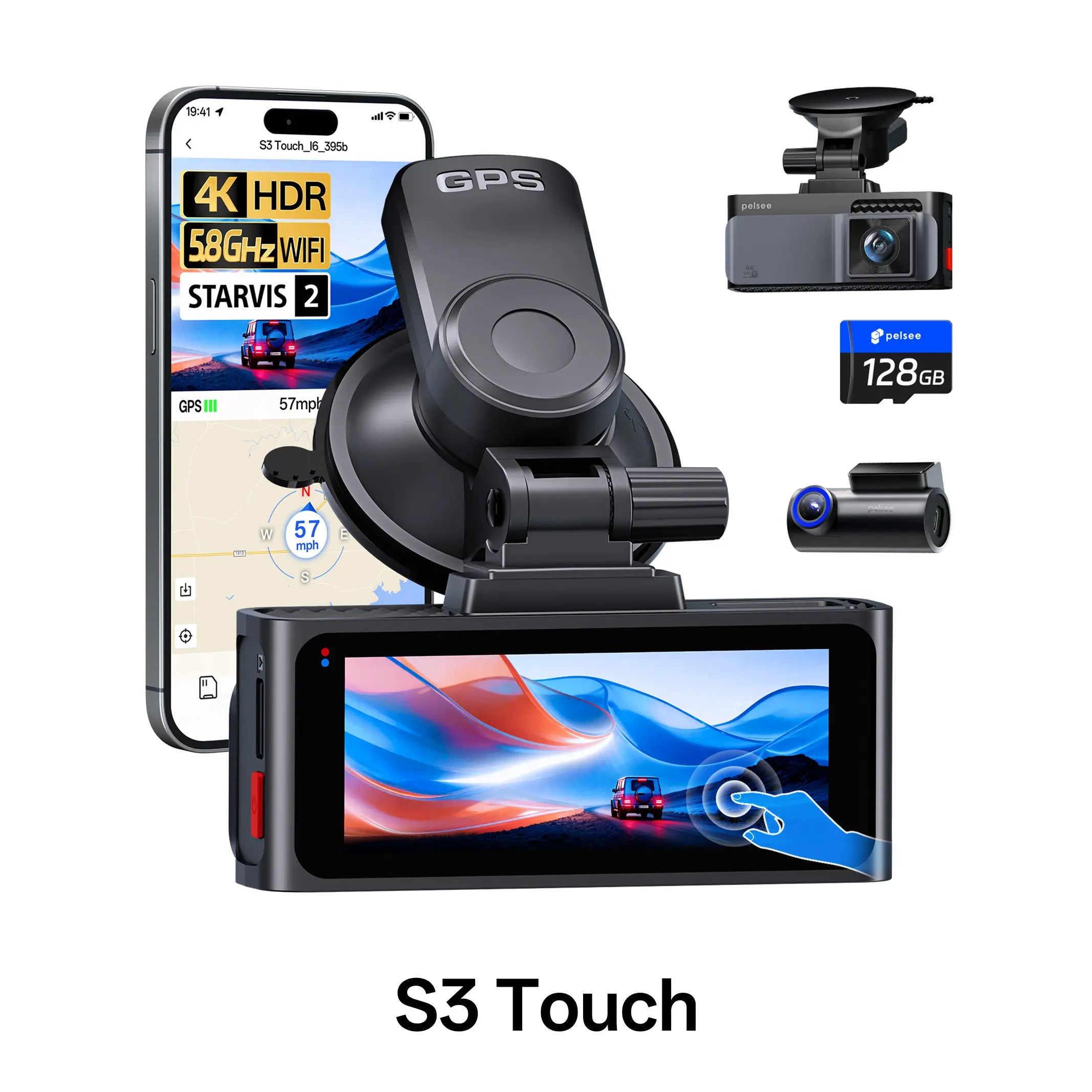 Pelsee P3 4K Dash Cam Front and Rear, 64GB SD Card, 4K+1080P Dual Dash Camera for Cars with Wi-Fi, GPS, ADAS, BSD, LCA, 3’’ IPS Display Car Camera, APP & Voice Control, Night Vision, 24H Parking Mode, Dashcam, Car Cameras