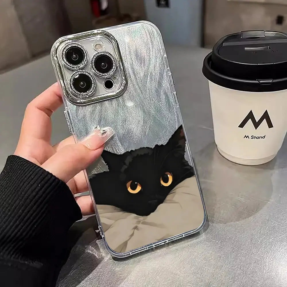 Adorable Black Cat Multi-Model Aesthetic Phone Case - Anti-Drop TPU, Holographic Shimmer Silver, Glitter Silver Foil, Shockproof, Snug Fit, Sleek Cute Protector for Iphone 17,16,15,14,13,12,11 Pro Max Plus, Back to School Cellphone Accessory